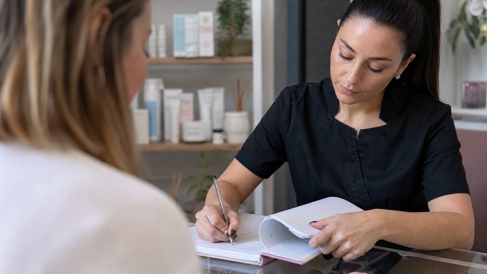 Esthéticienne qui complète la fiche d'une cliente après un soin
