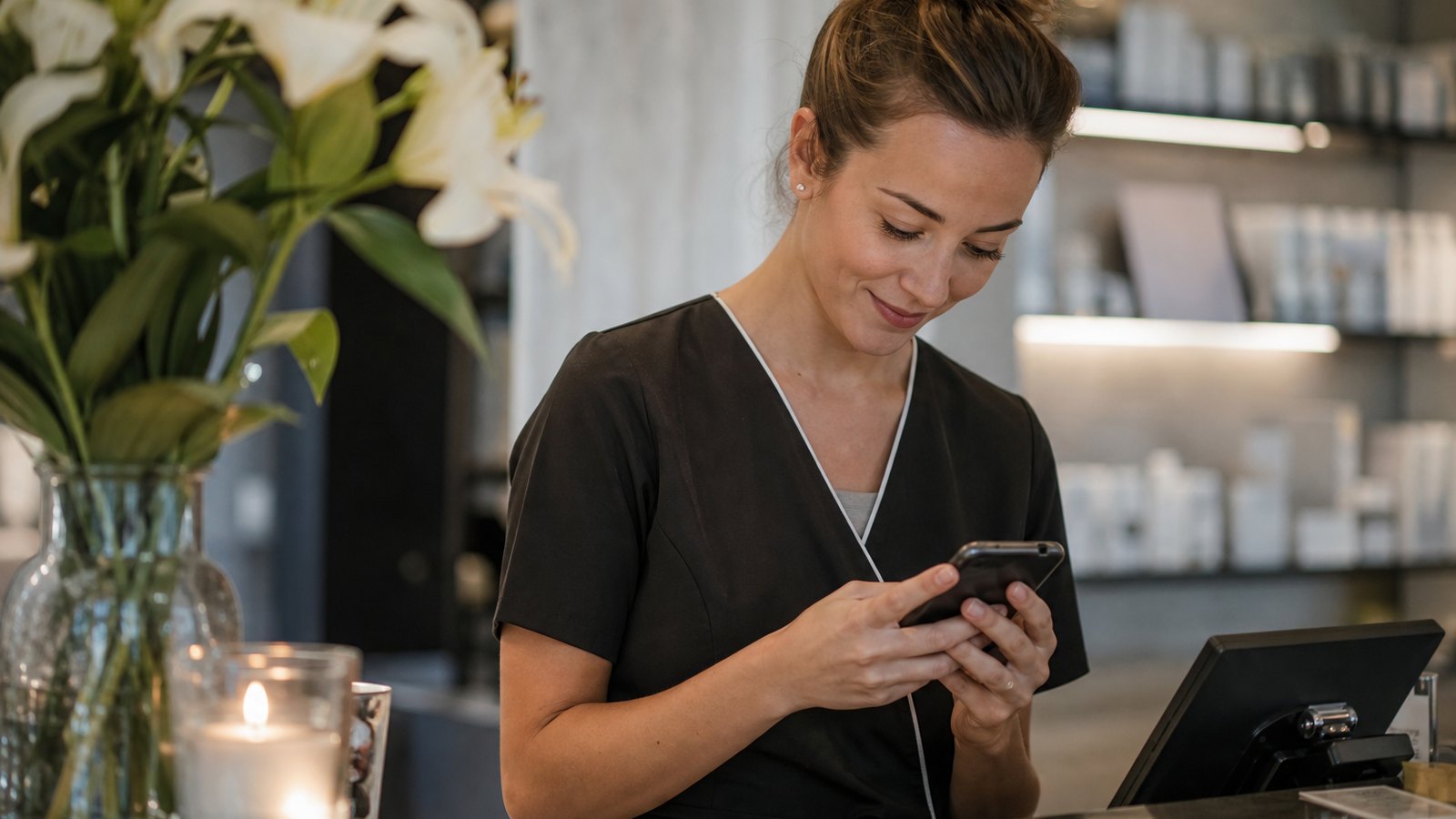 Esthéticienne qui prépare un message de relance pour une cliente